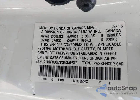 2016 Honda Civic Ex-L z USA, uszkodzony, nr VIN 2HGFC3B78GH359875